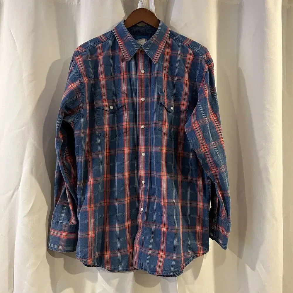 Wrangler Shirt Mens Large‎ Plaid Pearl Snap Long Sleeve Western Wear